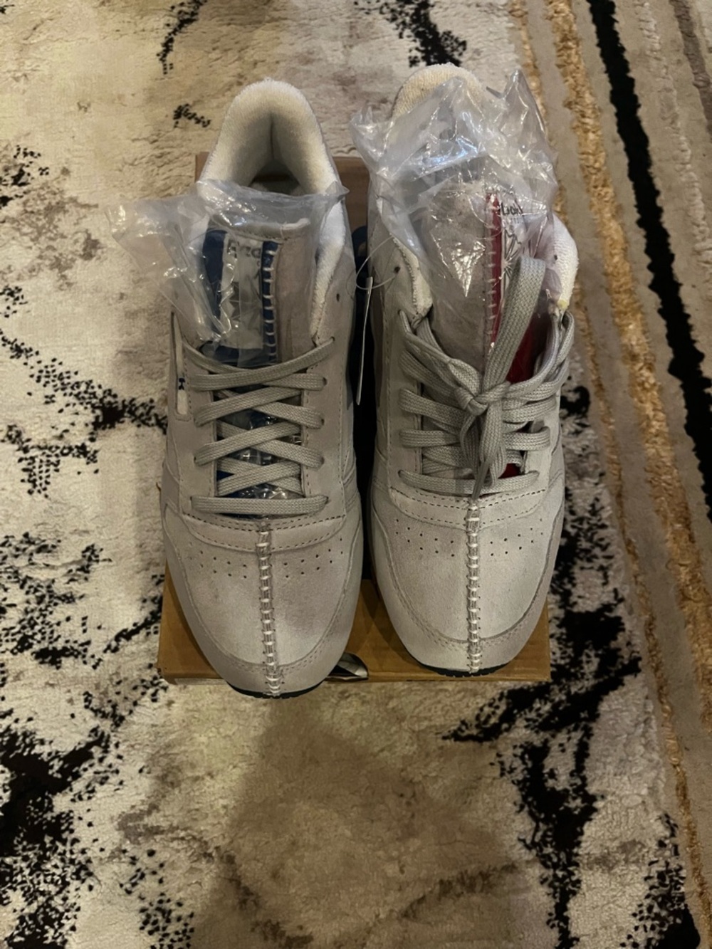 Reebok Men's Light Gray Suede Sneakers with Navy & Red Tongue Accents